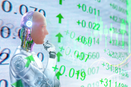 Financial technology concept with 3d rendering humanoid robot analyze stock marketの写真素材