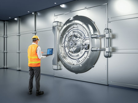 Engineer or technician working with digital bank vault door