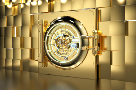 3d rendering golden bank vault door with golden wall interior