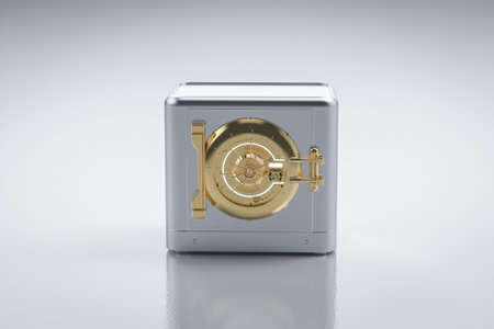 3d rendering metallic bank safe or steel safe with golden vaultの写真素材