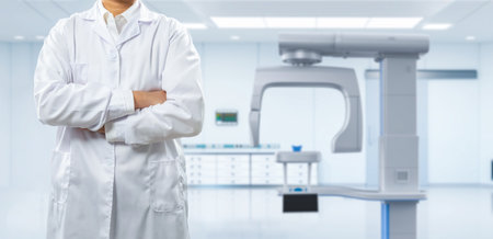 Dentist wear white lab coat in dental office