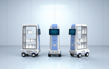 3d rendering delivery robot trolley or robotic assistant carry productsの写真素材
