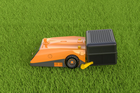 3d rendering robotic lawn mover or electric grass trimmer for lawn care on green grassの写真素材