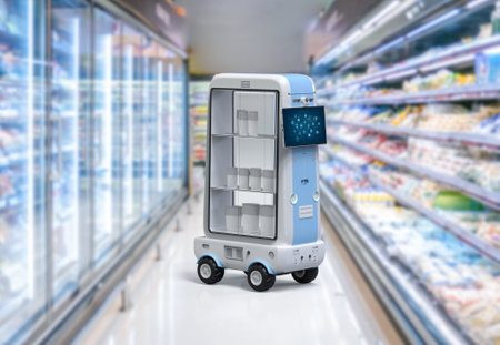 3d rendering delivery robot trolley or robotic shopping assistant deliver products in supermarketの写真素材