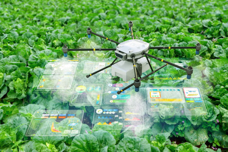 Agriculture technology concept with 3d rendering drone fly above with digital graphic displayの写真素材