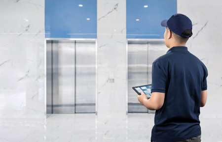 Technician or engineer check on elevator or passenger lift for after sales service