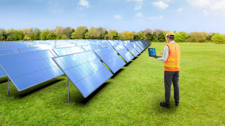 Solar panel technician with 3d rendering solar farmの写真素材