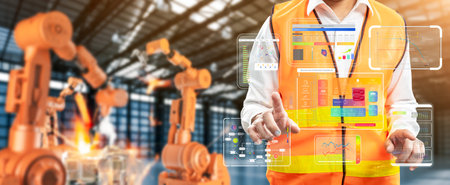 Technician or engineer work with robotic arms in factoryの写真素材