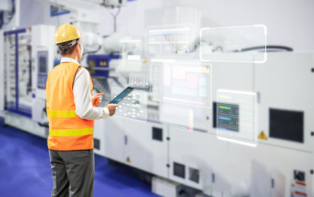 Asian engineer or technician wear safety helmet and reflective vest with machine in factory