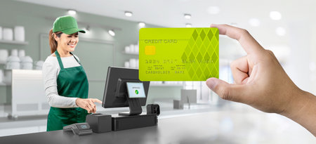 Asian seller wear green apron and green cap smiling with hand holding credit card at point of sale