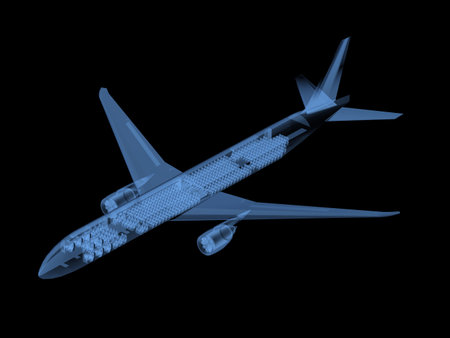 3d rendering x-ray airplane full length with empty seats isolated on black background