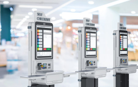 3d rendering self-checkout kiosks or self-service payment machines in a row