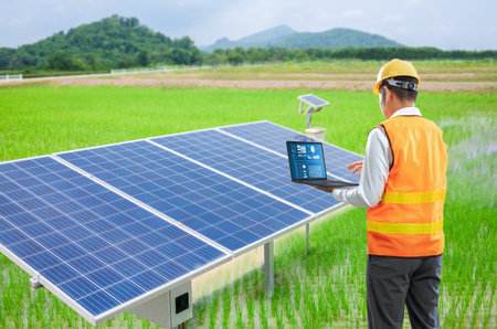 Smart farm system with engineer control solar panels station on rice field