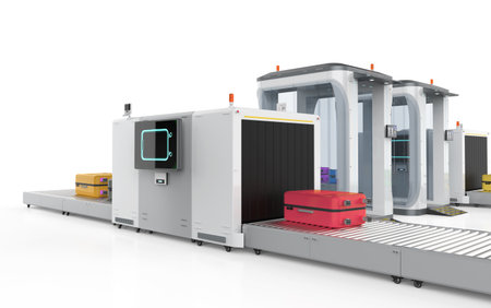 3d rendering airport security checkpoint with security gates and scanner machine