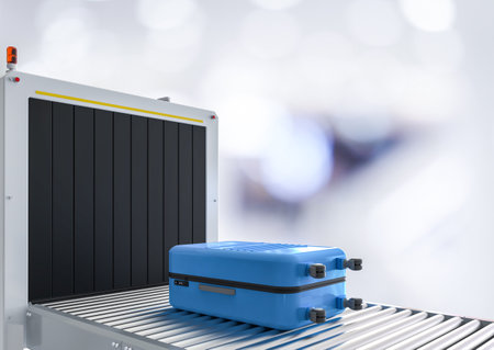 3d rendering scanner machine is scanning luggage in airportの写真素材