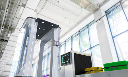 3d rendering airport security checkpoint with security gates and scanner machineの写真素材