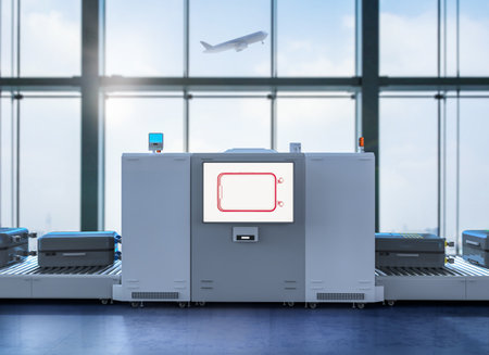 3d rendering scanner machine is scanning luggage in airportの写真素材