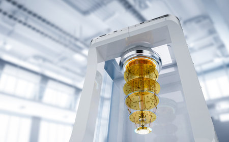3d rendering quantum computer machine in shield capsule place in laboratory