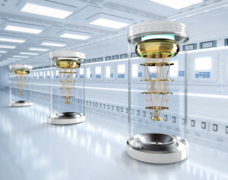 3d rendering group of quantum computer machines in shield capsules