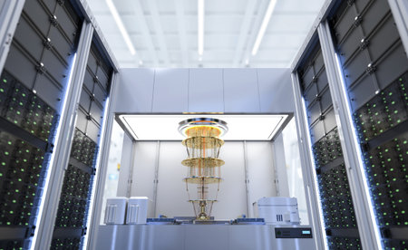 3d rendering quantum server network with quantum computer machine in server room