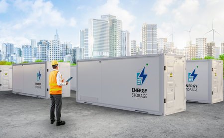 Engineer control energy storage system or battery container unit with cityscape background