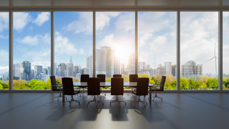 3d rendering empty office space or workspace with greenery view of city backgroundの写真素材