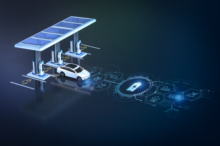3d rendering ev charging stations or electric vehicle recharging stations with solar roof and digital graphic displayの写真素材