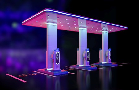 3d rendering group of ev charging stations or electric vehicle recharging stations with roof in neon...