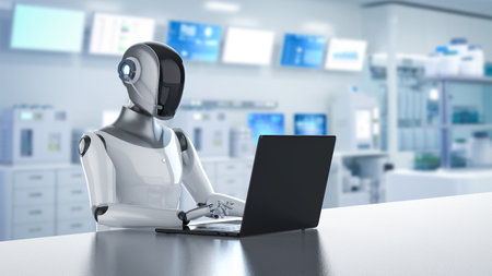 Automation laboratory concept with 3d rendering humanoid robot in white futuristic laboratory