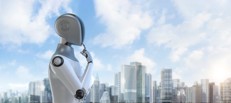 Smart city with 3d rendering ai robot in development cityの写真素材