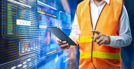 Automation industry concept with engineer work with digital graphic interface