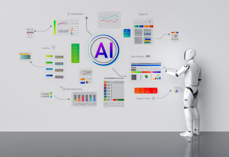 Ai technology with 3d rendering humanoid robot with hud graphic interfaceの写真素材