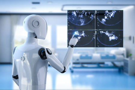 Medical technology concept with 3d rendering ai robot interpret ultrasound outputの写真素材