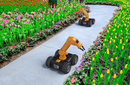 Agriculture technology concept with 3d rendering automation robot in tulip garden