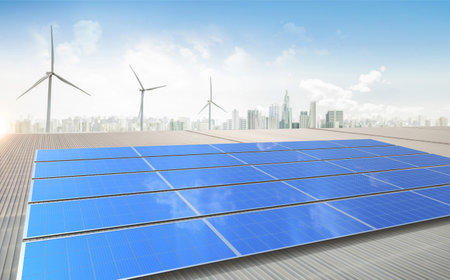 Alternative energy concept with 3d rendering solar panels on roof with wind turbines and cityscape...