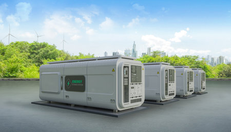 3d rendering energy storage system or battery container unit for smart city with zero emissionの写真素材