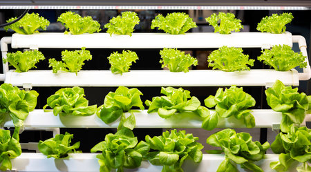 Agriculture technology with indoor farm system raised plants on shelves growth with led lightの写真素材