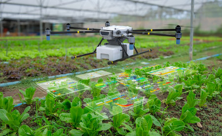 Agriculture technology with 3d rendering drone spray fertilizer in greenhouse with digital graphic...