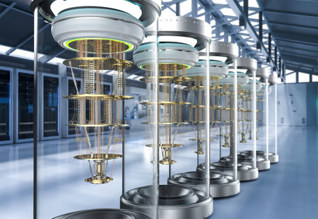 3d rendering of quantum computer machines in shield capsules at laboratory