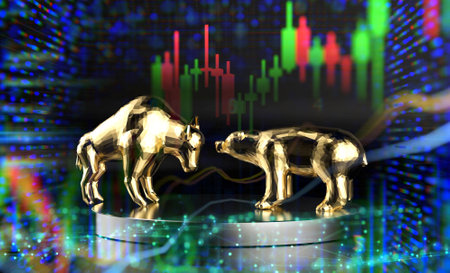 Bull and bear economy concept with 3d rendering bull and bear on stock market chart backgroundの写真素材