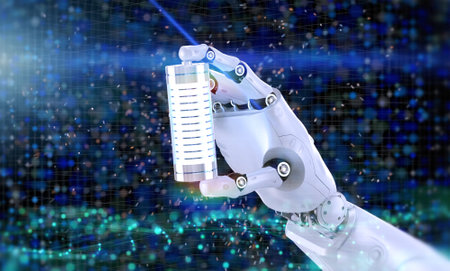Automatic recharge battery with 3d rendering li-ion or rechargeable batteries with robot hand holdingの写真素材