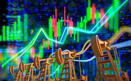 Oil price rising concept with 3d rendering crude oil pump on stock market chart 4k footage