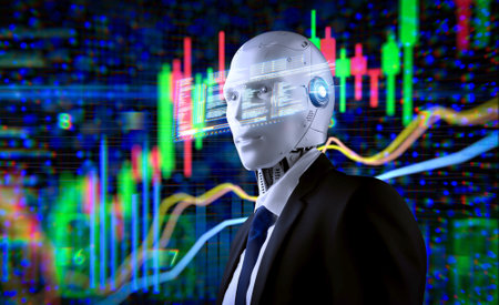 3d rendering ai robot trader analyze stock market chart graphic displayの写真素材