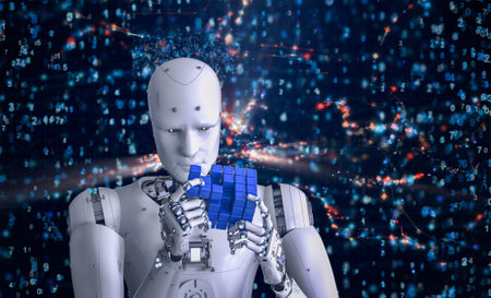 3d rendering humanoid robot playing cube puzzle