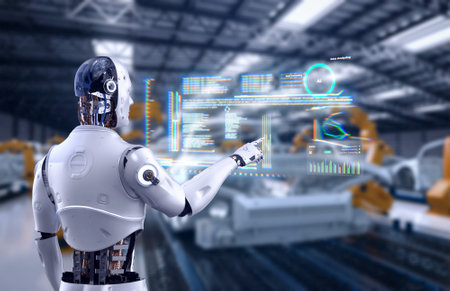 Automation automobile factory with 3d rendering robot assembly line manufacture ev car controlled by humanoid cyborgの写真素材