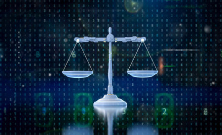 Digital law concept with 3d rendering law scale with graphic displayの写真素材