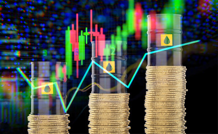 Oil price rising concept with 3d rendering oil barrels on stock market chart 4k footageの写真素材