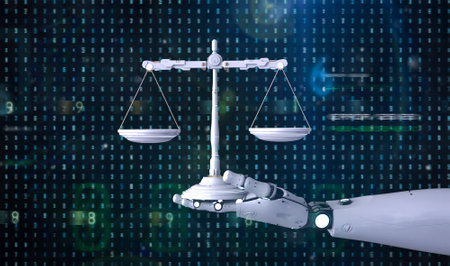 Digital law concept with 3d rendering ai robot hold law scale with graphic displayの写真素材