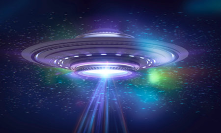 3d rendering metal ufo or alien spaceship with ray of light at night 4k footageの写真素材