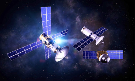 3d rendering group of satellite dishes for digital telecommunication in spaceの写真素材